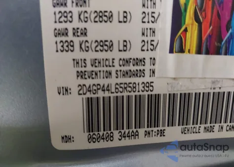 2005 Dodge Grand Caravan Sxt z USA, uszkodzony, nr VIN 2D4GP44L65R581395